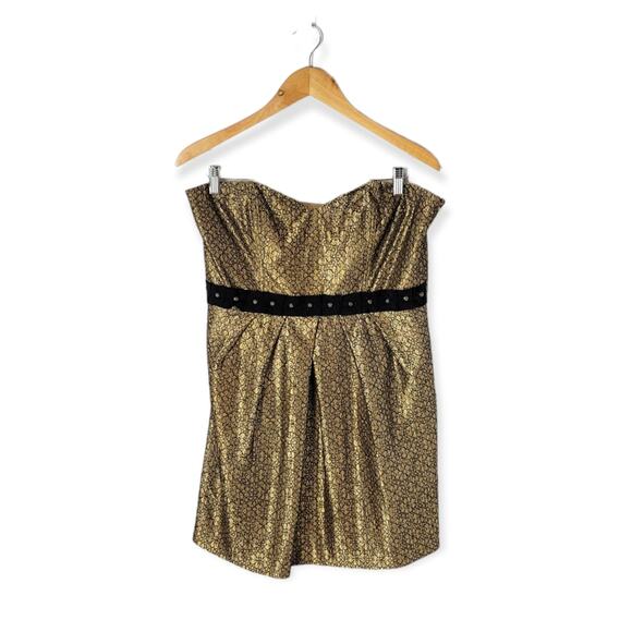Laundry by Design Mini Foil Dress High Waist Pleated Floral Lace Pattern Gold 12 - Picture 1 of 10